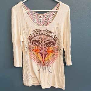 Harley-Davidson Cream Long Sleeve Graphic Scoop Neck Top